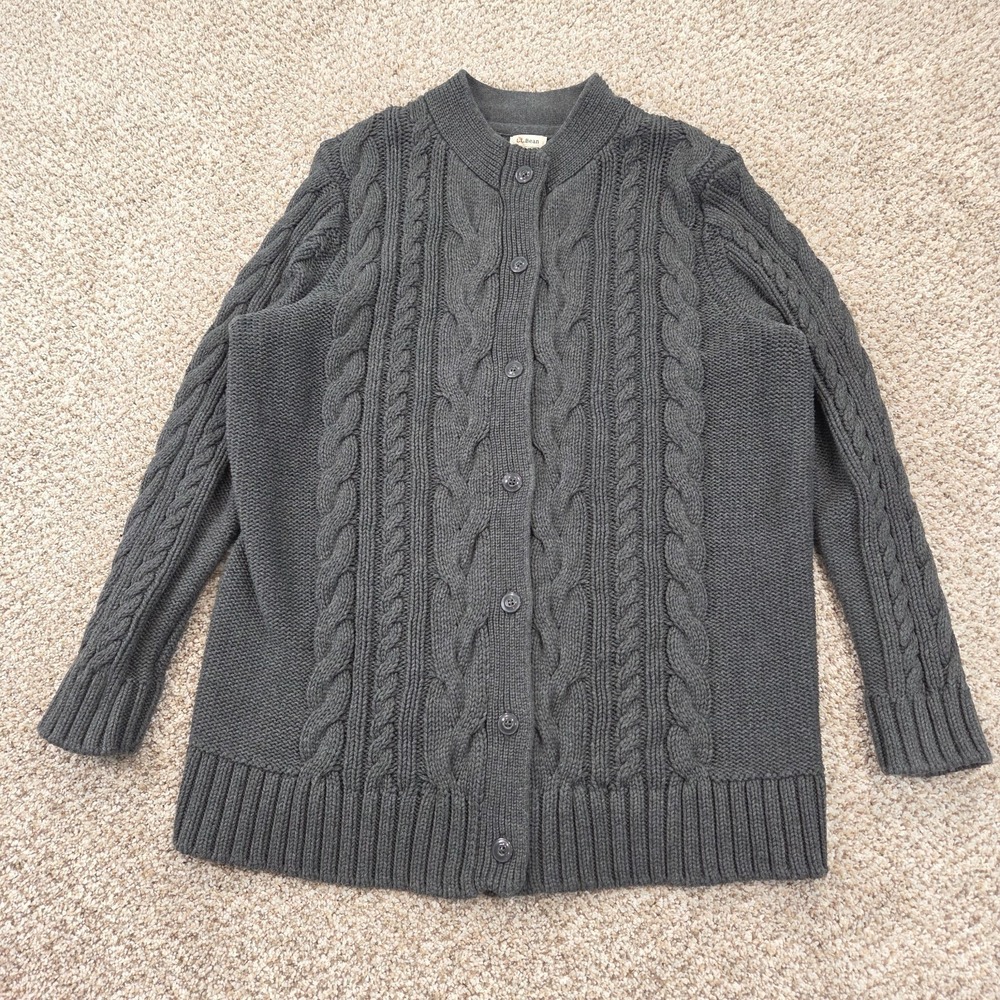LL Bean Cable Knit Cardigan Women's Plus 1X Gray 100% Cotton Full‎ Button Front